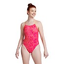 Women's Printed Double Lace Back One Piece Swimsuit - Post It Pink | Size 32