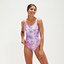 Bañador con estampado, logotipo y espalda escotada en U para mujer, lila/coral - 36
