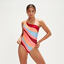 Bedruckter, asymmetrischer Badeanzug für Damen Weinrot/Koralle - 28