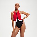 Bañador de espalda cruzada y cuello alto con diseño colour-block para mujer, negro/rojo - 30