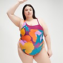 Damen Übergröße Asymmetrischer Badeanzug mit Print Blaugrün/Lila/Mango - 48