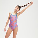 Bedruckter Muscleback-Badeanzug mit dünnen Trägern für Mädchen Violett/Orange - 11-12