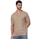 Men's Beige Henley Neck Solid Regular Fit Cotton Casual Tshirts CEGETI2 L