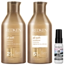Redken All Soft Shampoo 300ml, Conditioner 300ml, and One United Mini 30ml