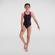 Bañador Hyperboom Muscleback con estampado de contraste lateral para niña, Negro/Rosa