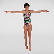 Girl's Squiggle Splash Lane Line Back Swimsuit Pink/Yellow