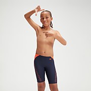 Bañador entallado HyperBoom con logotipo y estampado de contraste para niño, azul marino/naranja - 15-16