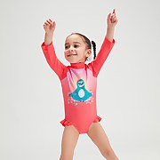 Langärmliger Digital-Rüschen-Badeanzug für Mädchen im Kleinkindalter Pink/Koralle - 4YRS