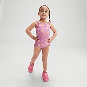 Bañador con tirantes finos, volantes e impresión digital para niña pequeña, violeta/rosa - 9-12M
