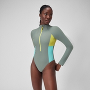 Costume da bagno a maniche lunghe con zip Colorblock da donna Verde