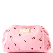 The Flat Lay Co. Drawstring Flat Lay Makeup Bag - Ditsy Cherries Pink Embroidered Velvet