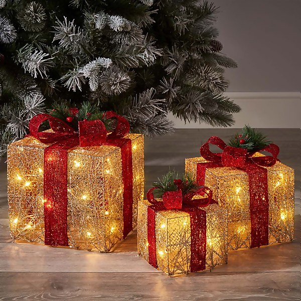 Gold Light Up Gifts Christmas Decoration - Set of 3 | Homebase