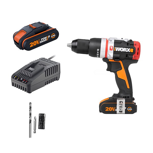 Worx WX354 20v Cordless Brushless Combi Hammer Drill with x2 2.0Ah