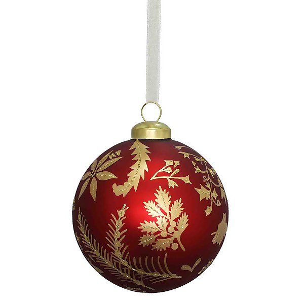 Gold Leaf Red Glass Christmas Bauble Decoration | Homebase