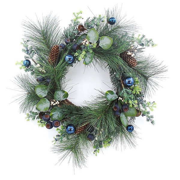 Natural Blue Bauble Christmas Wreath - 55cm | Homebase