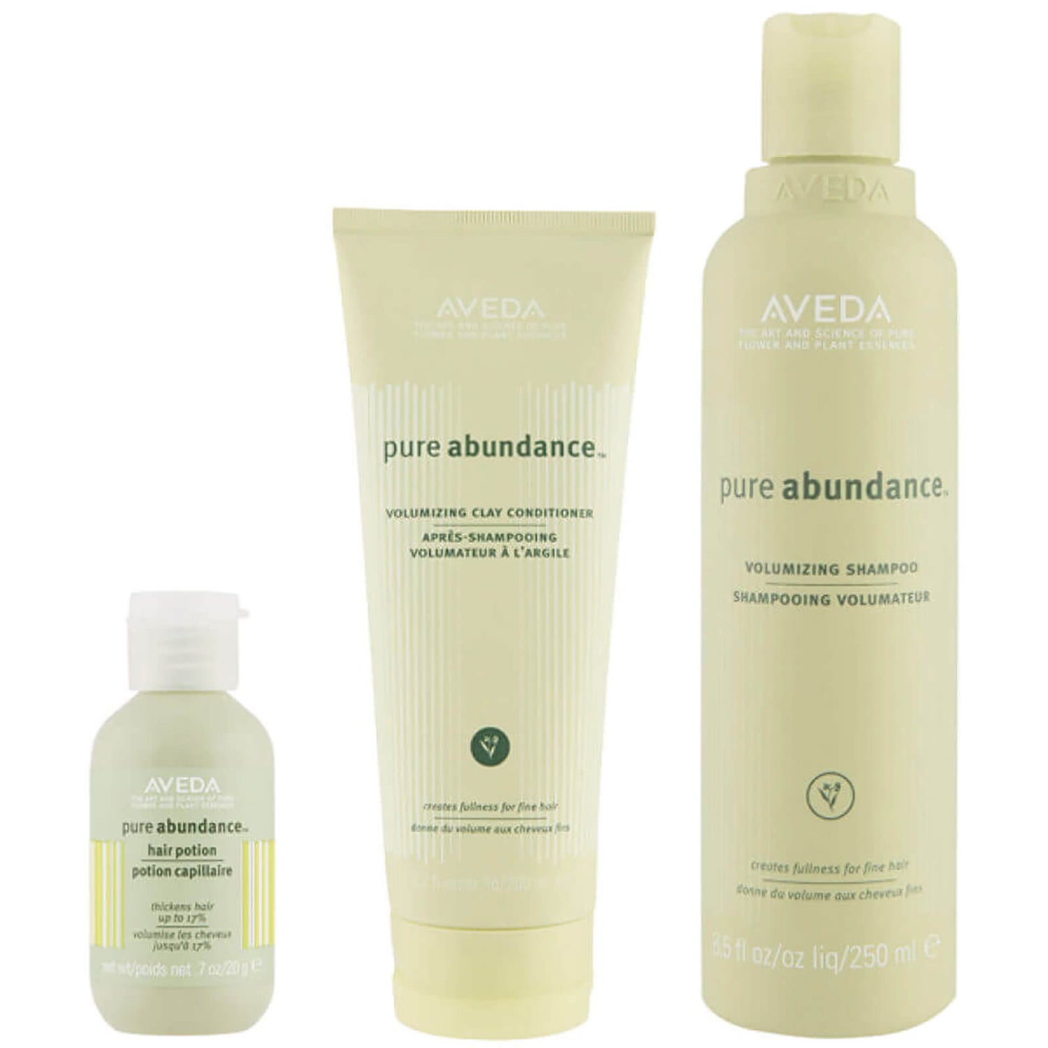 Kit volumizzante Pure Abudance di Aveda costituito da shampoo, balsamo e trattamento per capelli Abundance