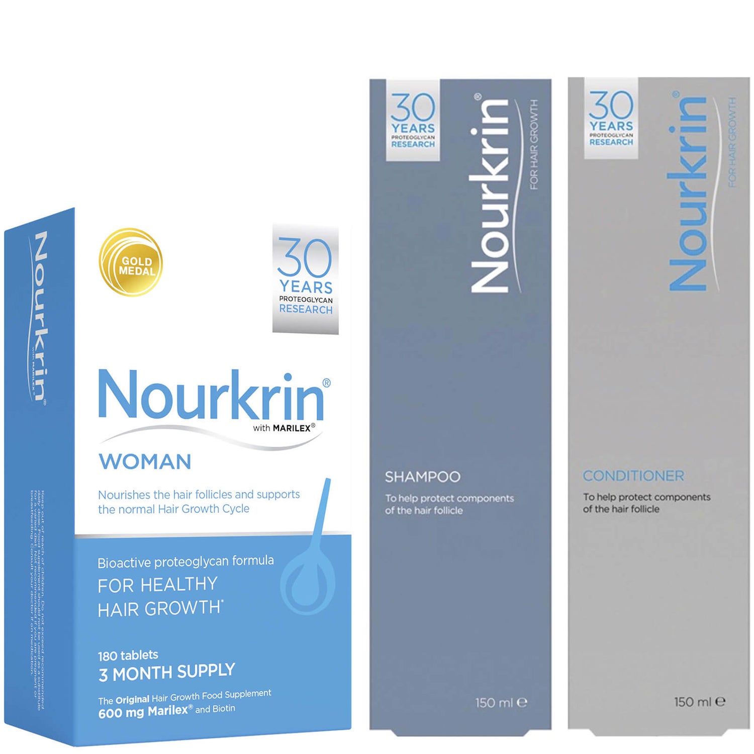 Pacote Vantagem - Contém 180 Comprimidos + Shampoo e Condicionador para Mulher da Nourkrin (2 x 150 ml)