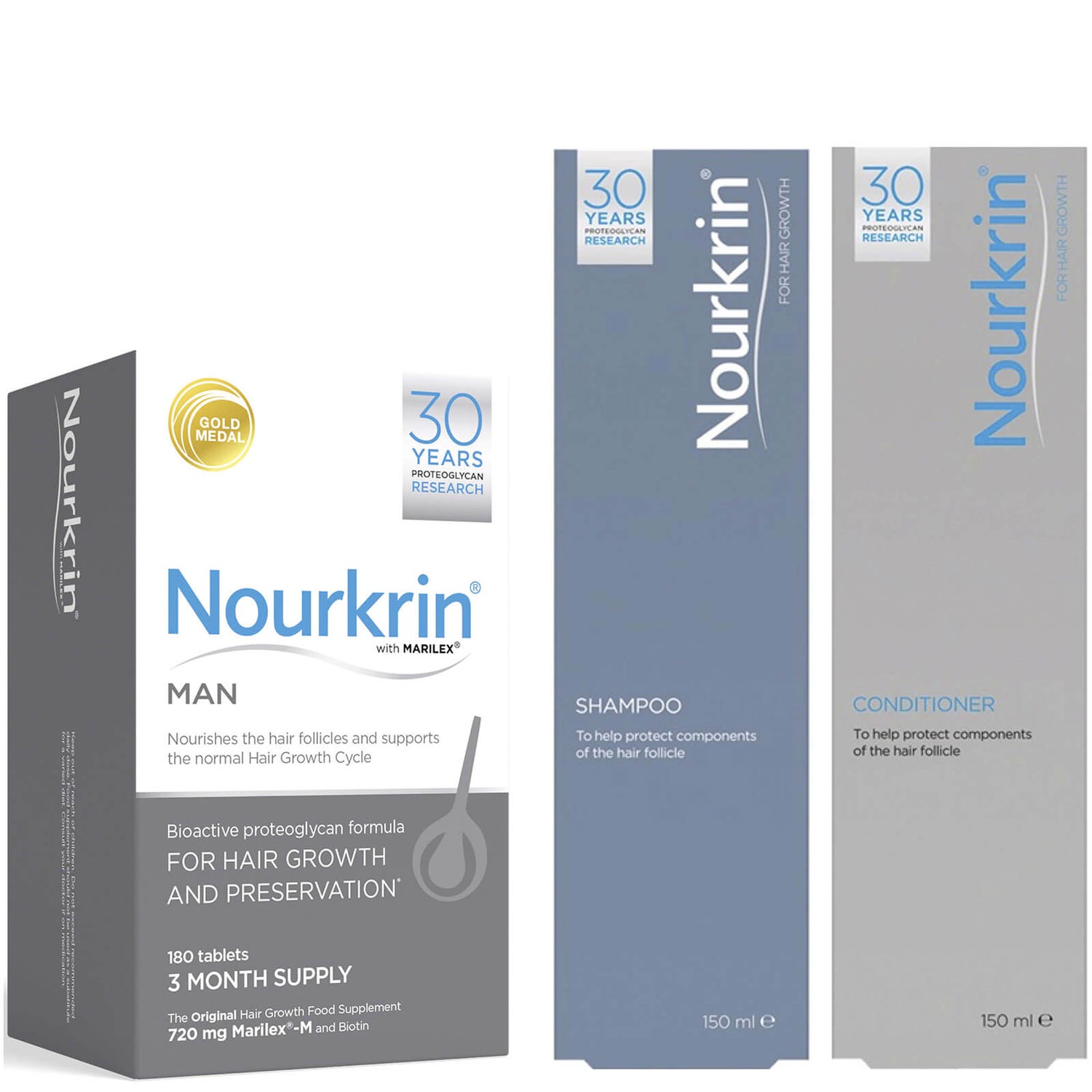 Pacote Vantagem - Contém 180 Comprimidos + Shampoo e Condicionador para Homem da Nourkrin (2 x 150 ml)