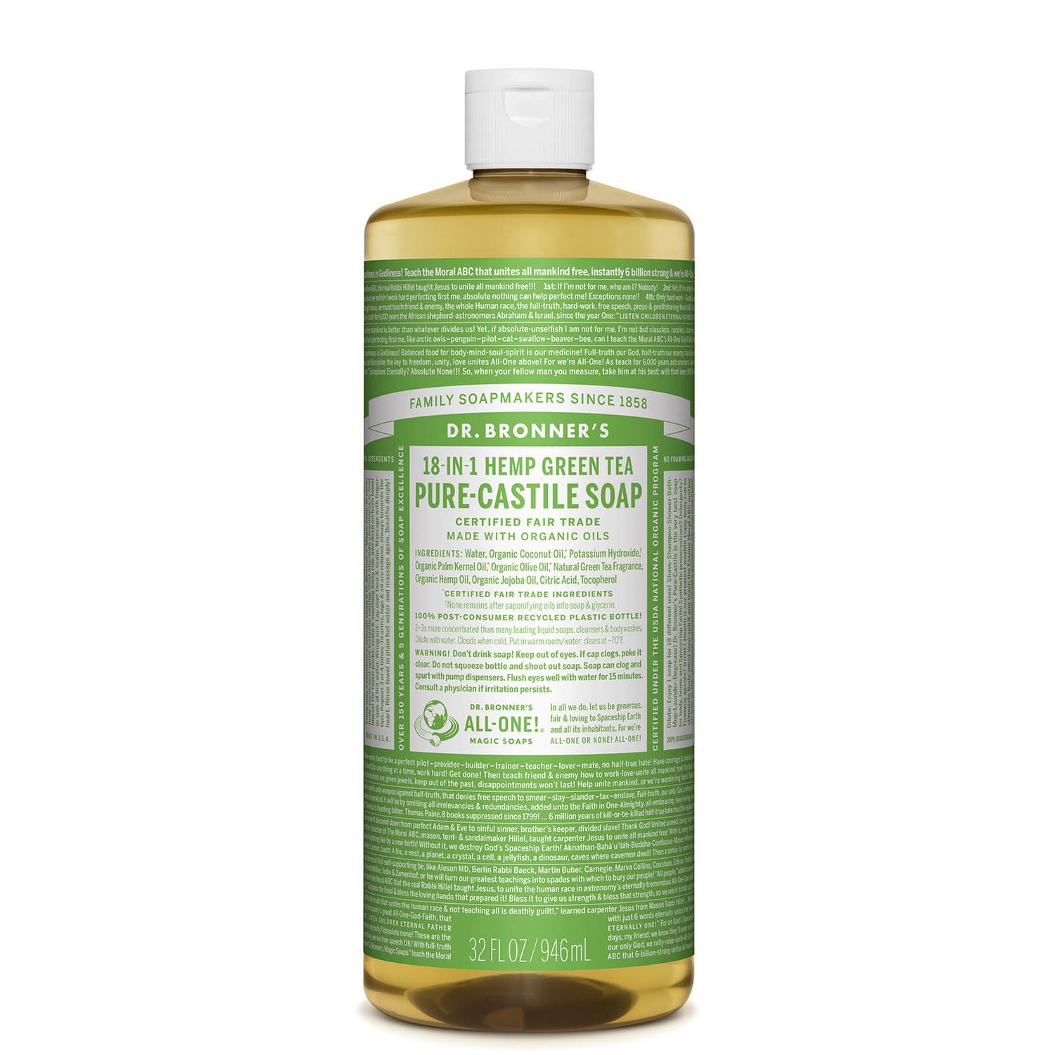 Dr Bronner's Pure Castile Liquid Soap Green Tea 946ml