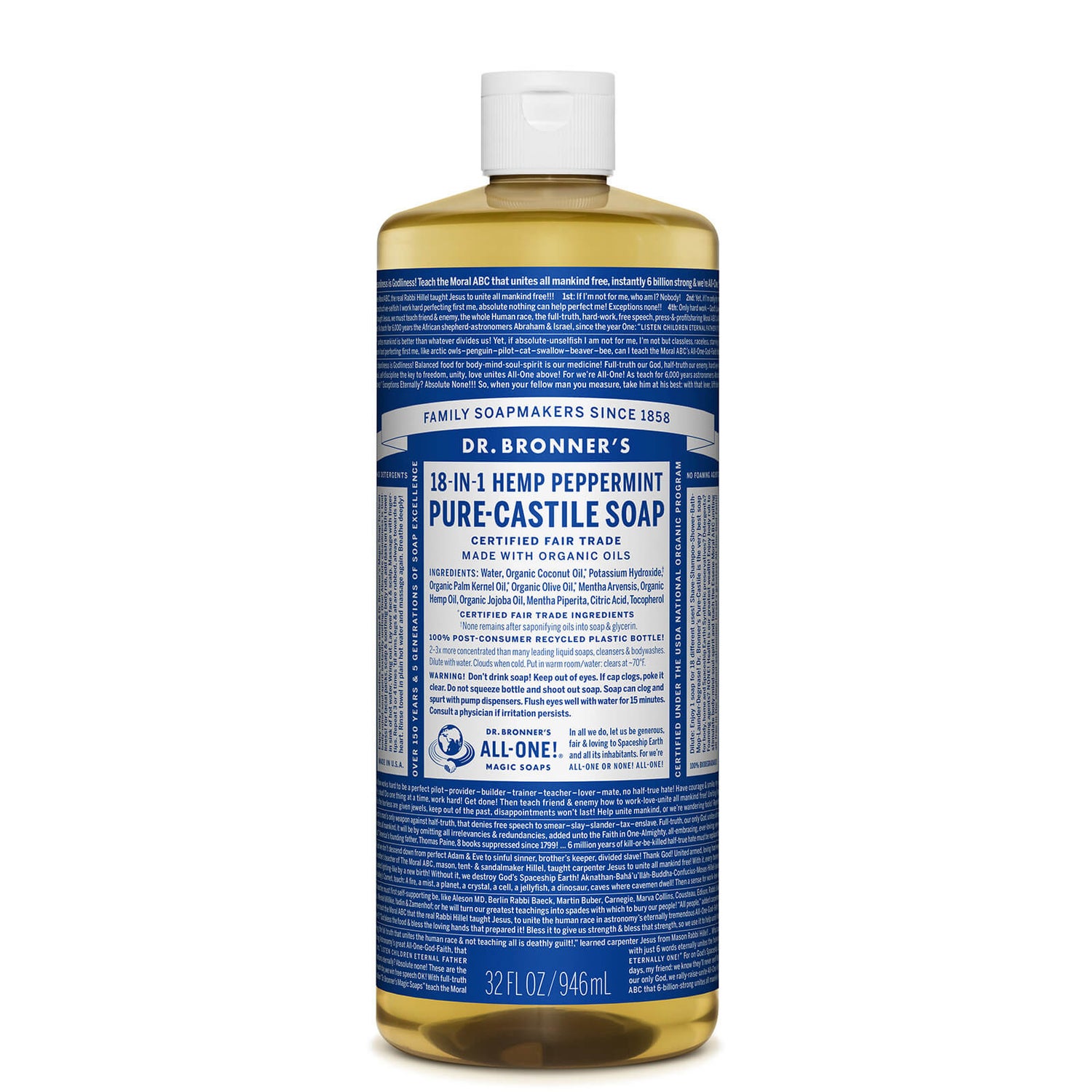 Dr Bronner's Pure Castile Liquid Soap Peppermint 946ml