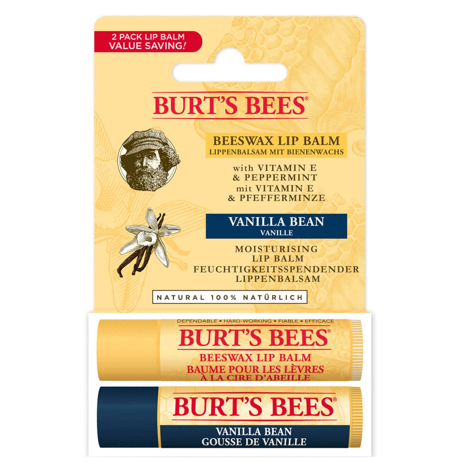 Burt's Bees confezione 2 balsami labbra cera d'api + baccelli di vaniglia