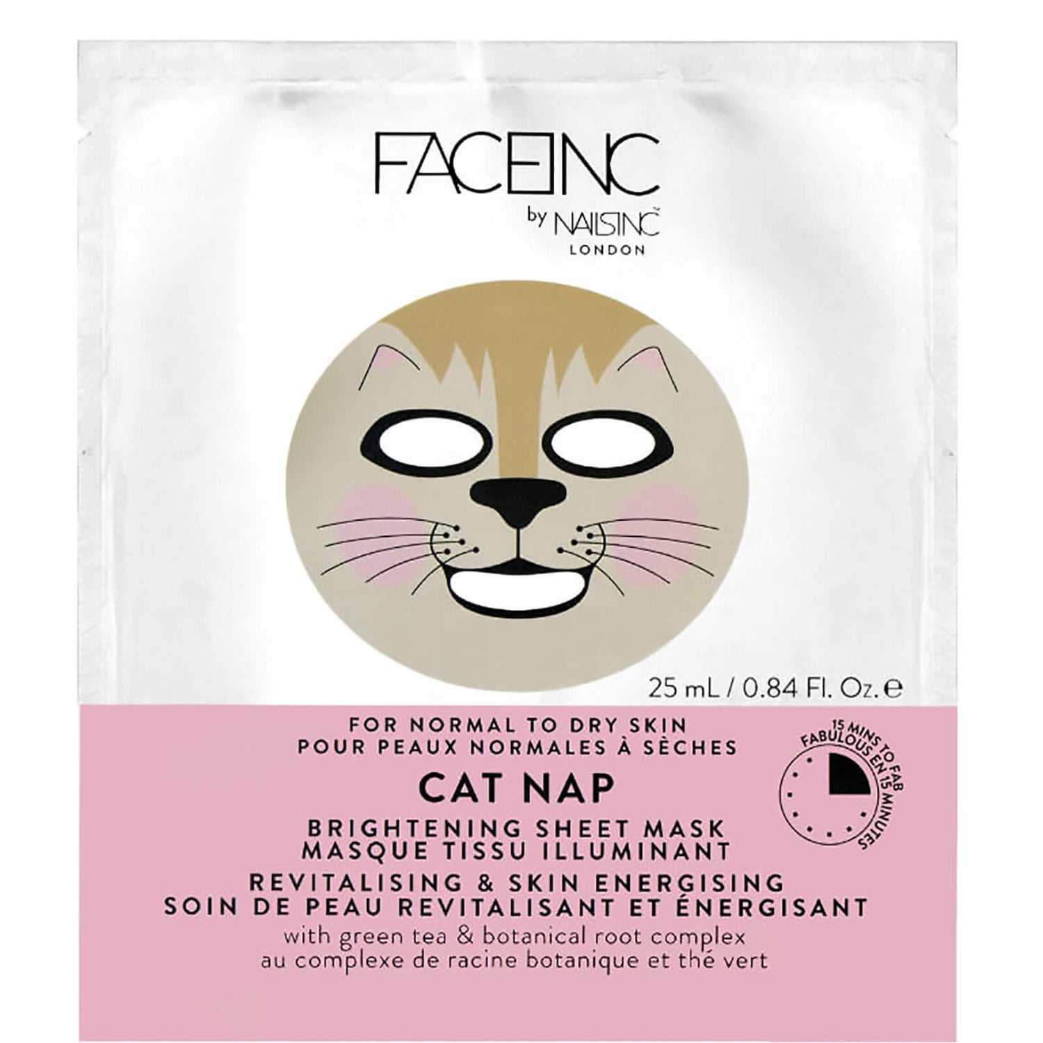 Máscara de Tecido Iluminadora Cat Nap FACEINC by nails inc. - Revitalizadora e Energizante