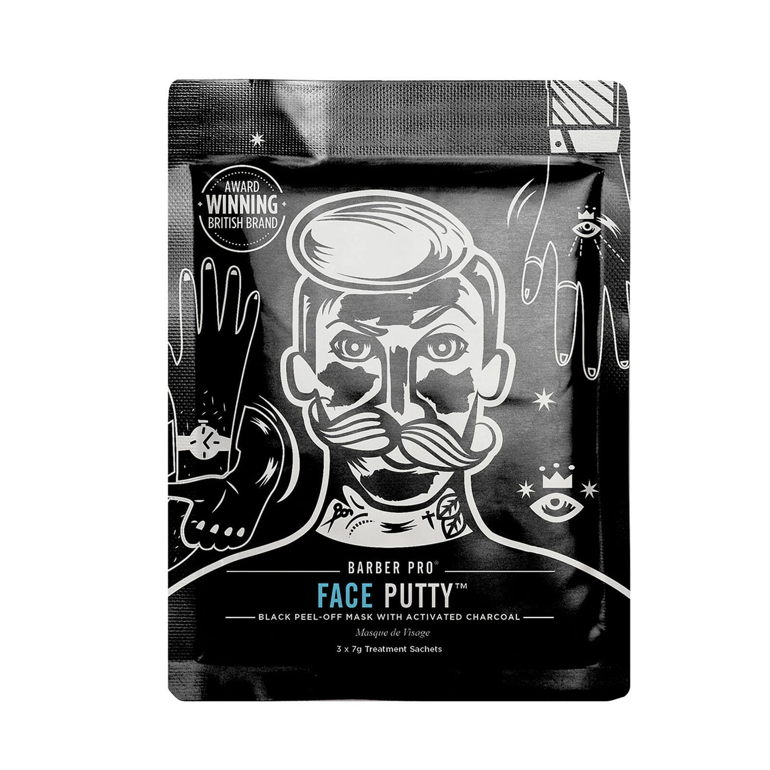 BARBER PRO Face Putty Black Peel-Off Mask with Activated Charcoal (tre påføringer)
