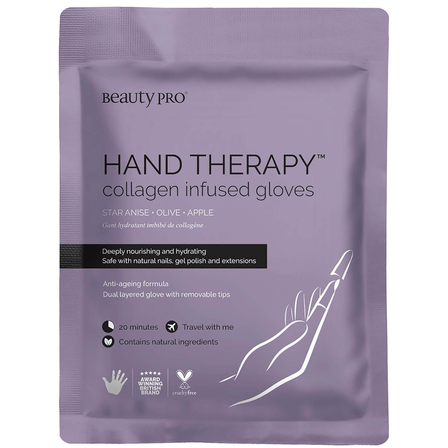 Luva de Tratamento para Mãos Hand Therapy com Infusão de Colagénio e Pontas dos Dedos Amovíveis da BeautyPro (1 par)