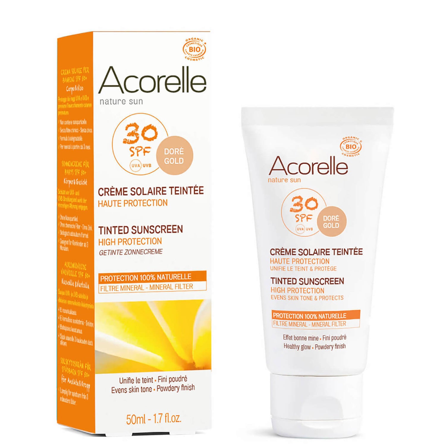 Натуральный солнцезащитный крем с эффектом загара и максимальным SPF Acorelle Organic Tinted SPF30 Sunscreen — Gold 50 мл