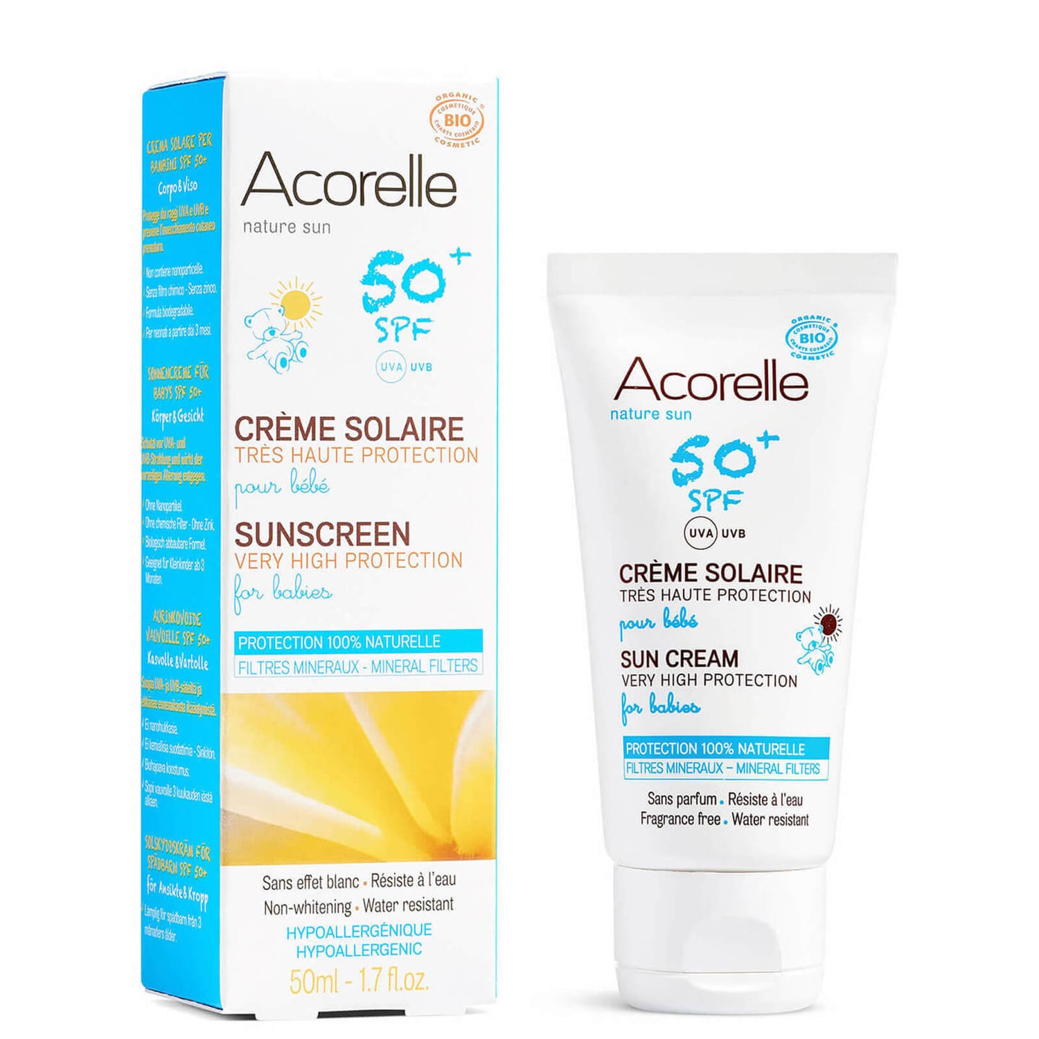 Детский солнцезащитный крем с SPF Acorelle Babies Organic SPF50+ Sunscreen — 3 Months and Up (для детей от трех месяцев) 50 мл