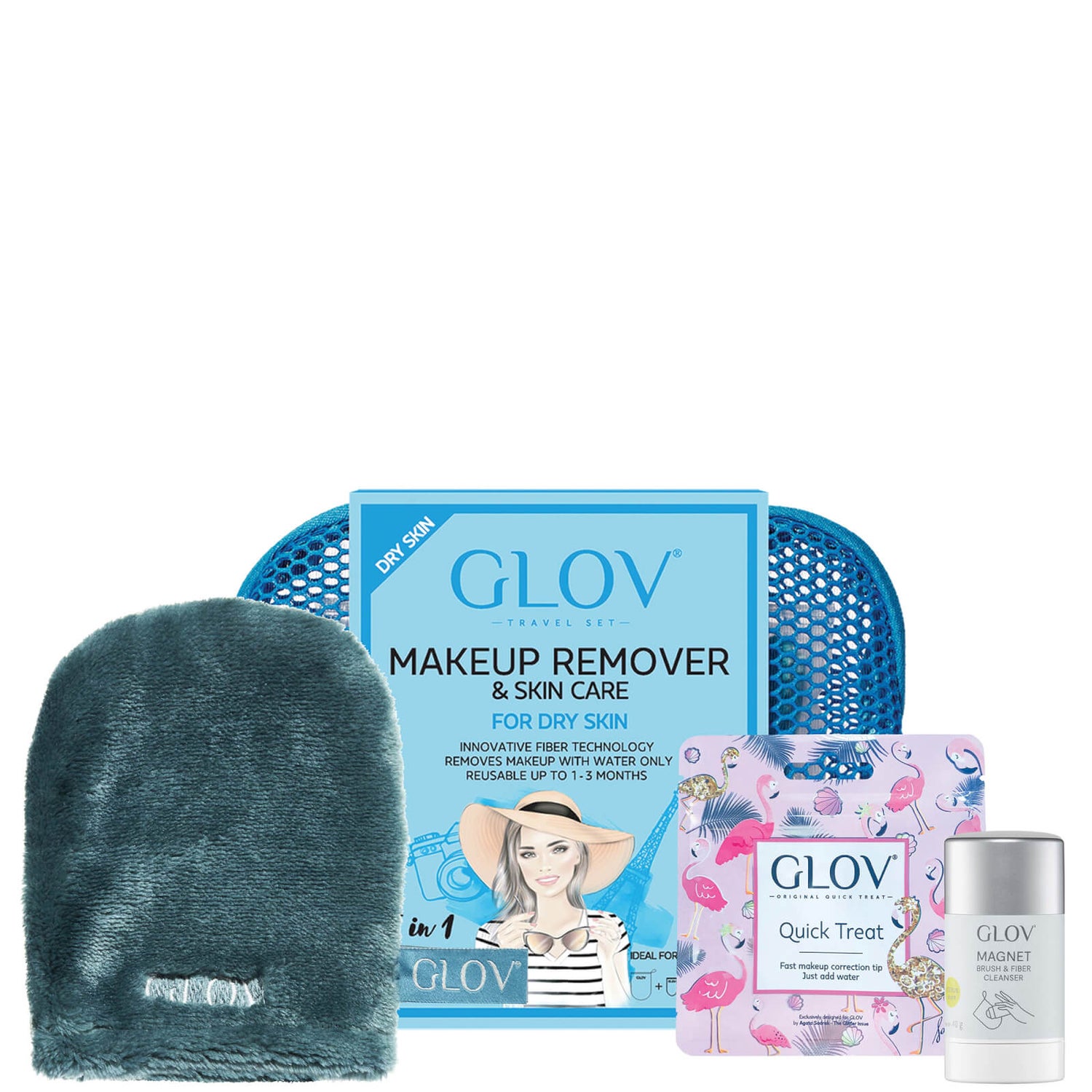 GLOV® Blue Water-Only Makeup Removing Mitt for Dry Skin with Fiber Soap Set