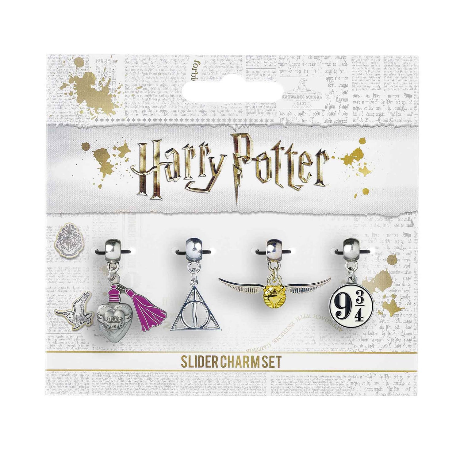 Harry Potter Charm Set Golden Snitch, Deathly Hallows, Love Potion, Platform 9 3/4 - Silver