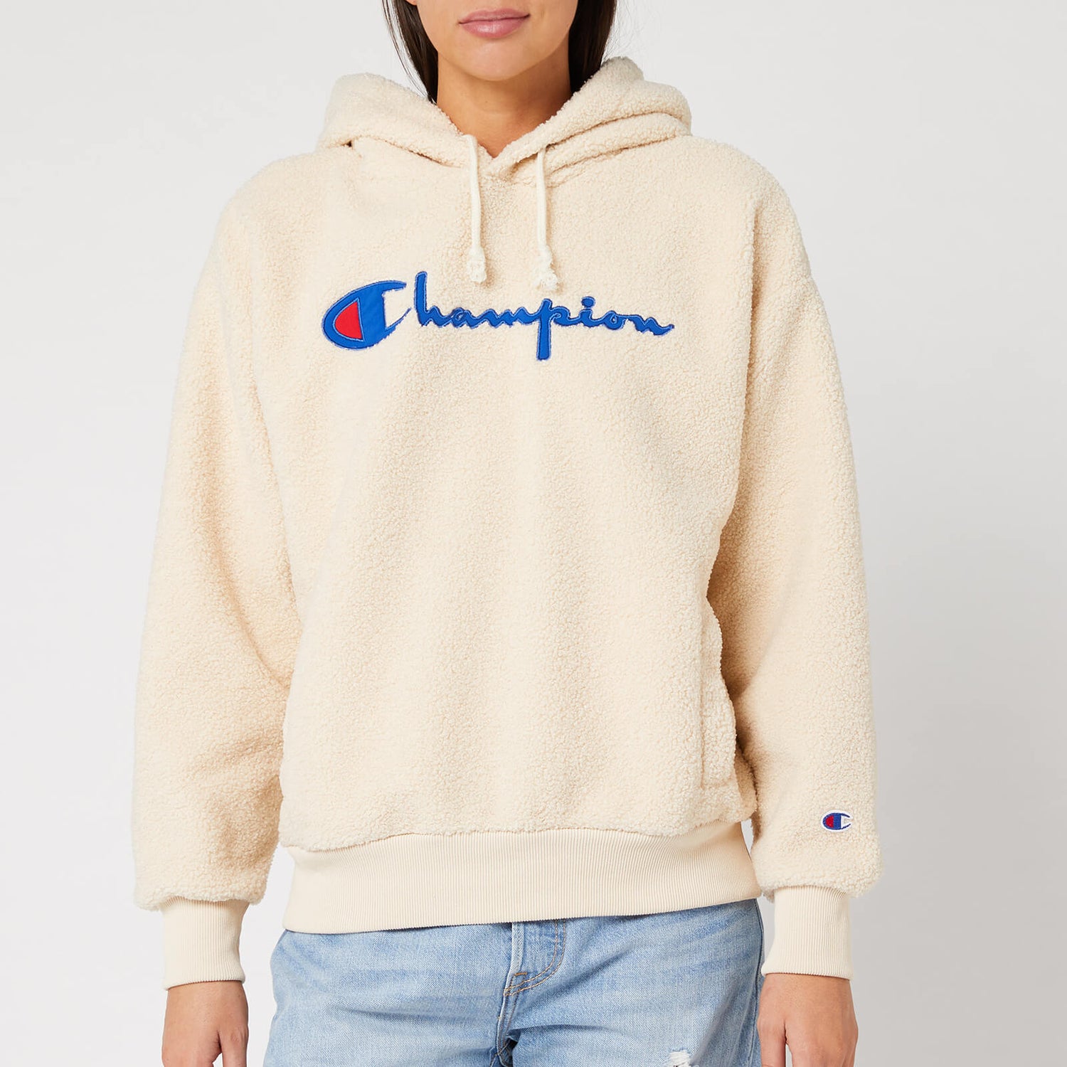 Champion Women s Shearling Big Script Hooded Sweatshirt Cream TheHut