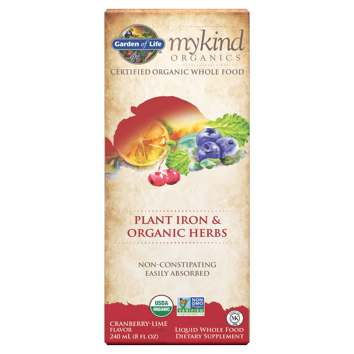 mykind Organics Ferro vegetale ed erbe - mirtillo rosso e lime - 240 ml