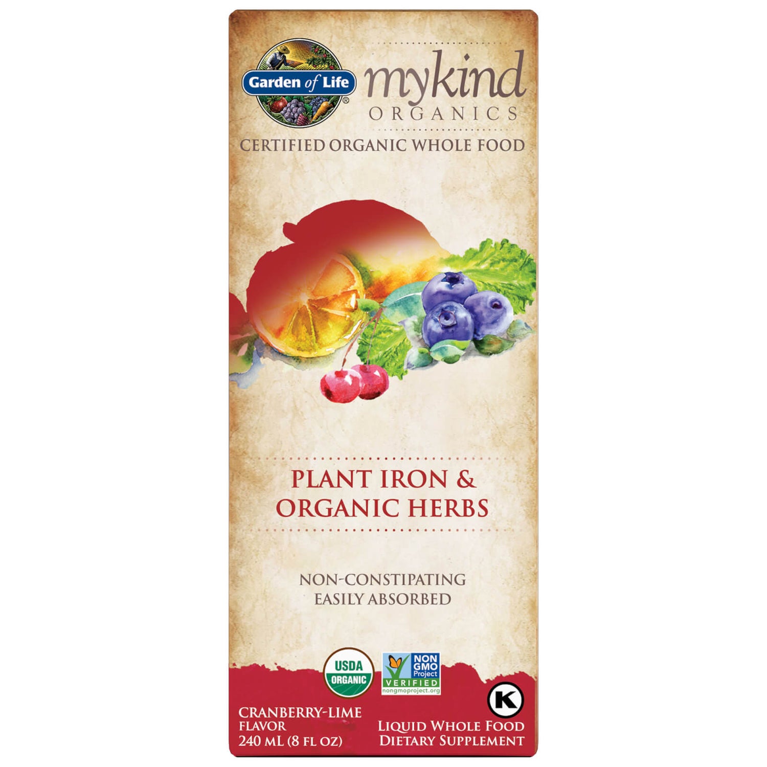 Líquido hierro vegetal y hierbas Organics - Arándanos y lima - 240 ml