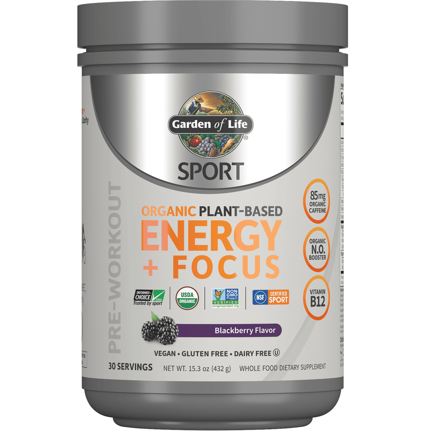Sport Organic Plant-Based Energy Plus Focus - Blackberry - 432g