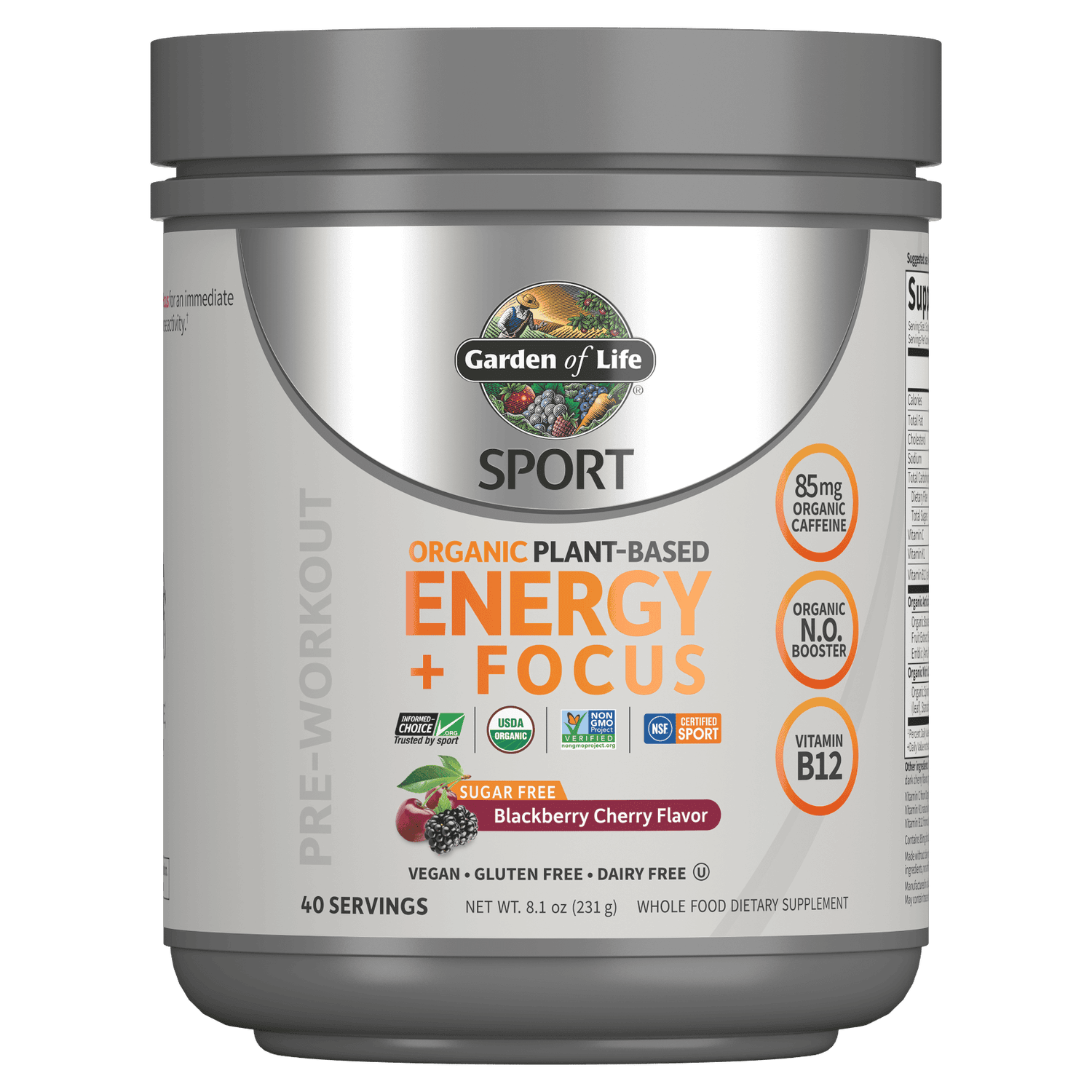 Sport Organic Plant-Based Energy - Sugar Free Blackberry Cherry - 231g