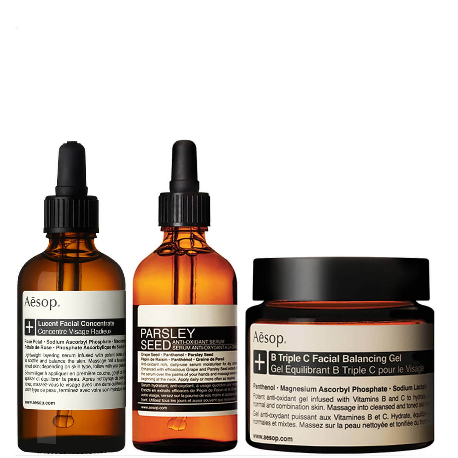 Aesop Lucent Concentrate, Triple C Balancing Gel and Parsley Seed Serum Bundle (Worth £225.00)