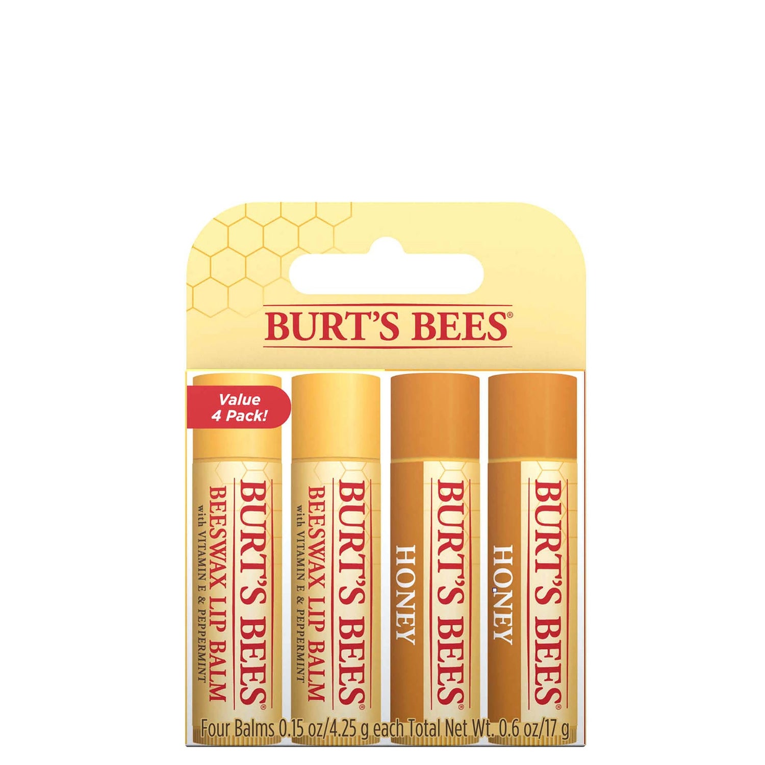 Бальзам для губ с пчелиным воском и медом Burt's Bees Beeswax and Honey Lip Balm, 4 шт