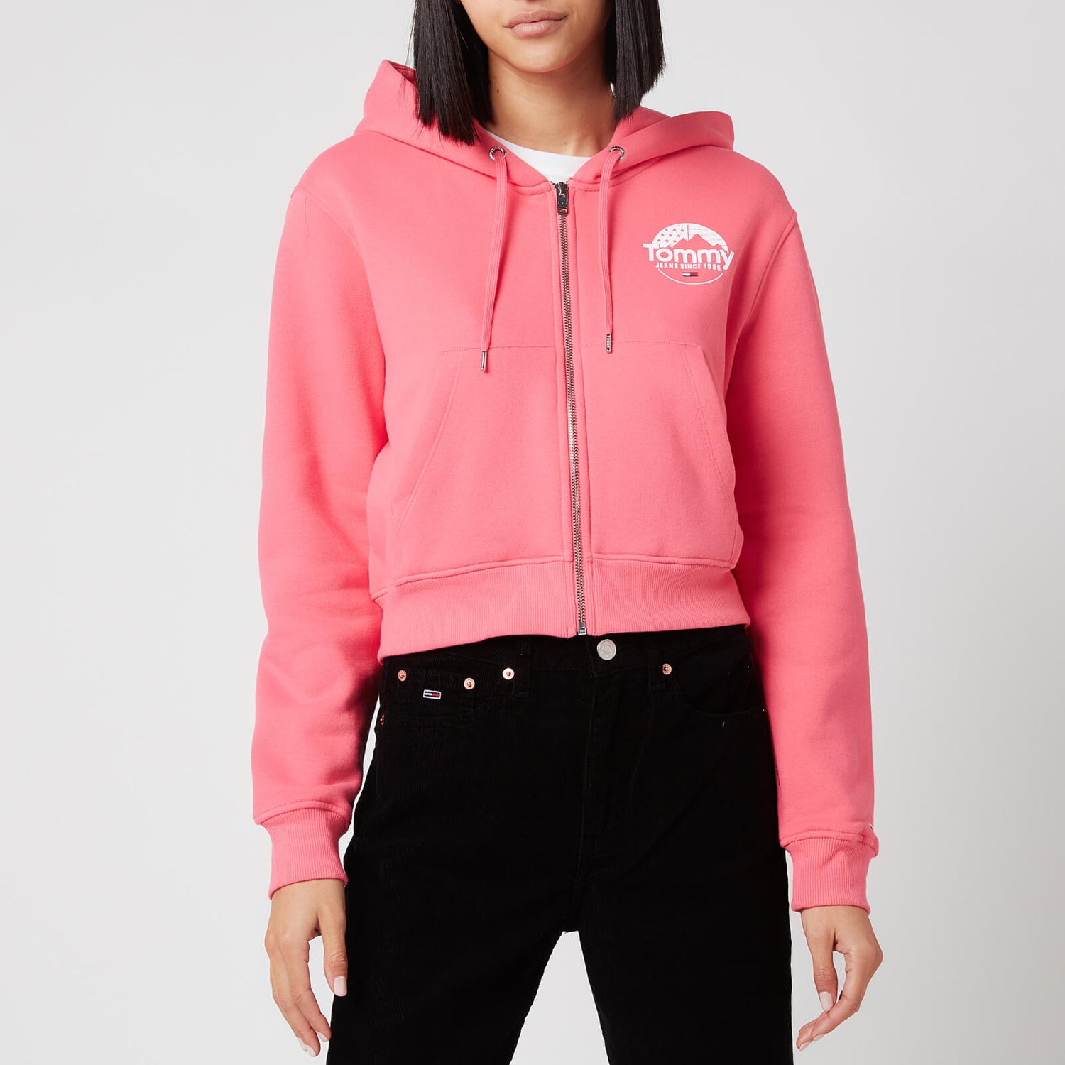 Tommy Jeans Women s TJW Cropped Logo Zip Thru Hoodie Glamour Pink