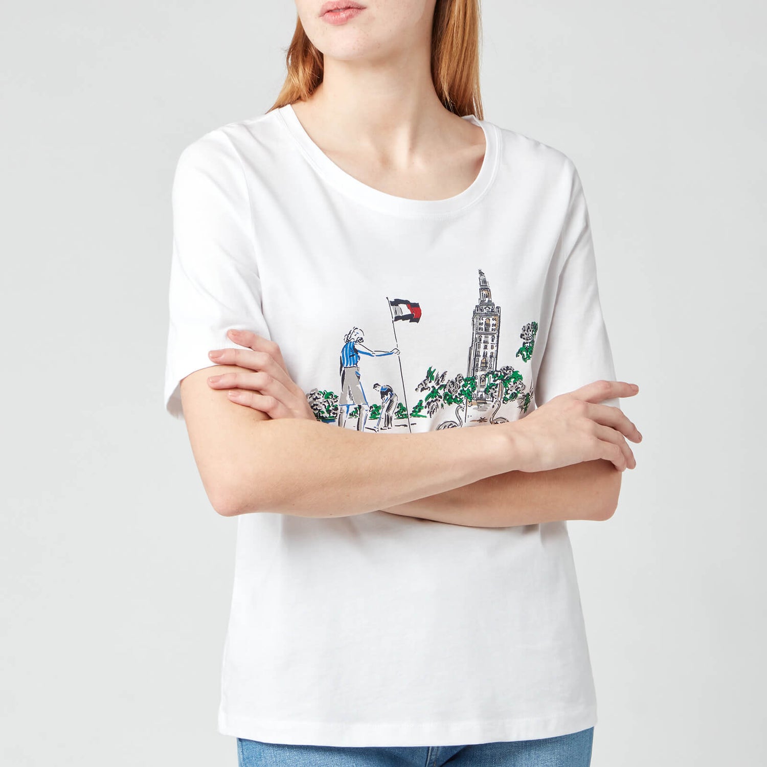 Tommy Hilfiger Women's Regular Box Tower Open-Neck T-Shirt - White