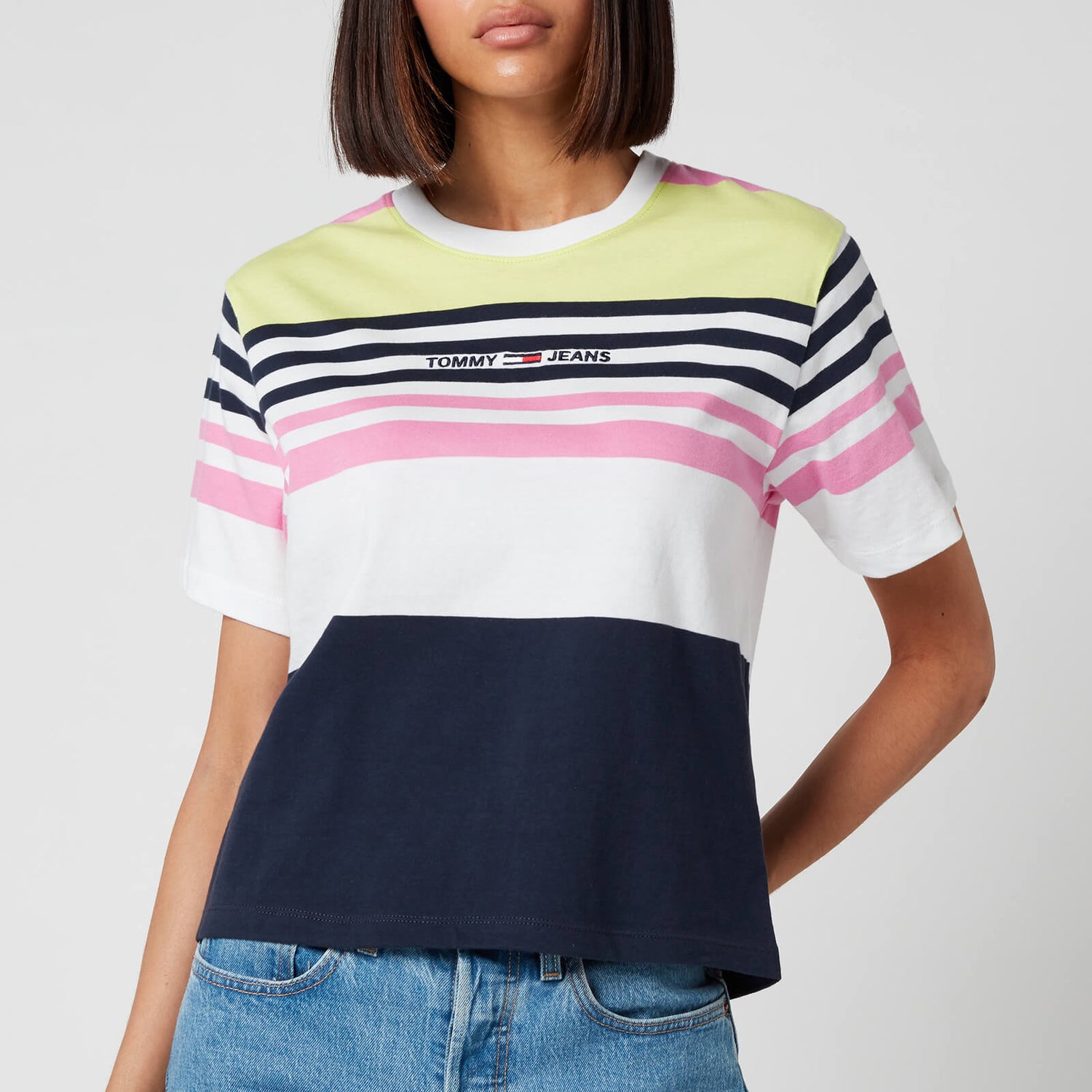 Tommy Jeans Women's TJW Boxy Crop Linear T-Shirt - Pink Daisy STRIPE