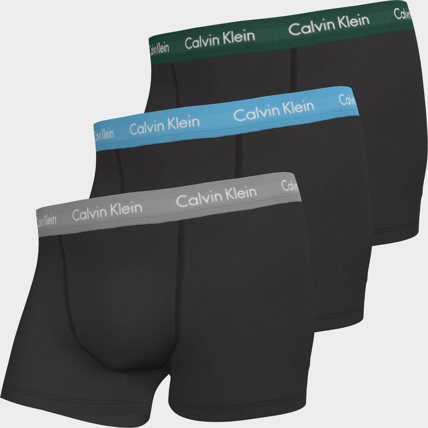 Calvin Klein Men's Cotton Stretch 3 Pack Trunks with Contrast Waistband - B-Jade Sea/Sky High/Sleek Silver