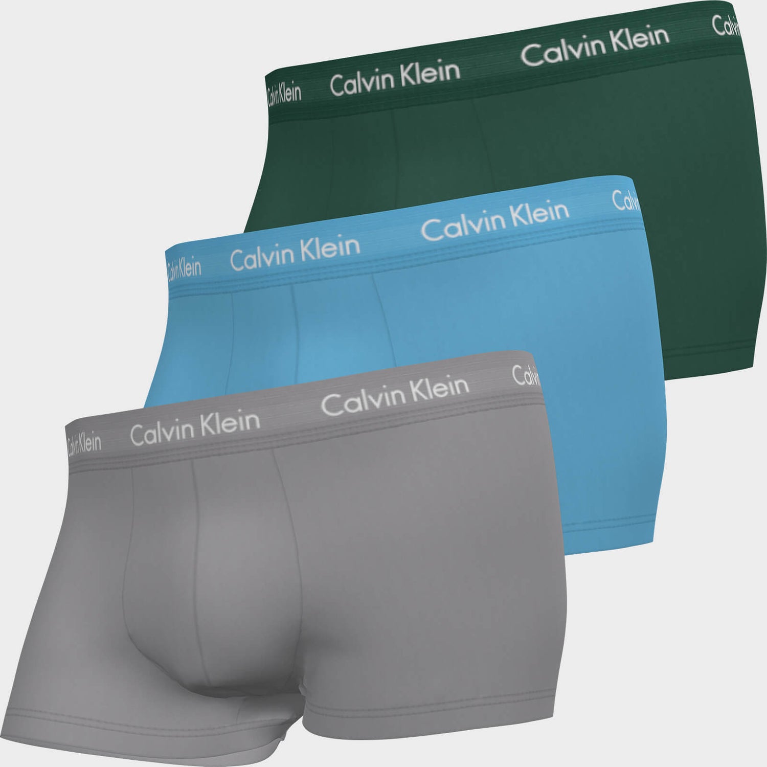 Calvin Klein Men's Cotton Stretch Low Rise 3 Pack Trunks with Contrast Waistband - Jade Sea/Sky High/Sleek Silver