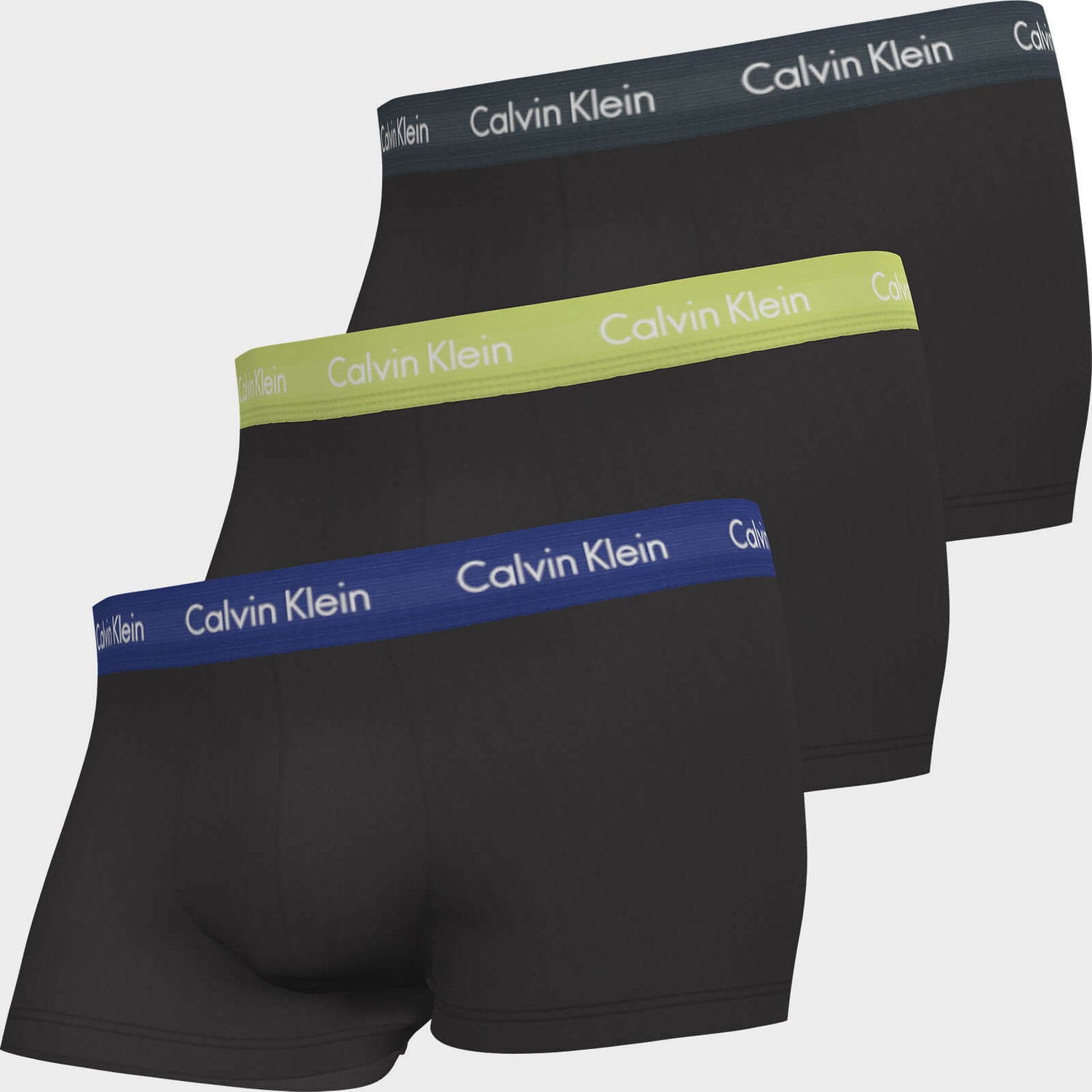 Calvin Klein Men's Cotton Stretch Low Rise 3 Pack Trunks with Contrast Waistband - B-Hemisphere/Direct Green/Blue Flan