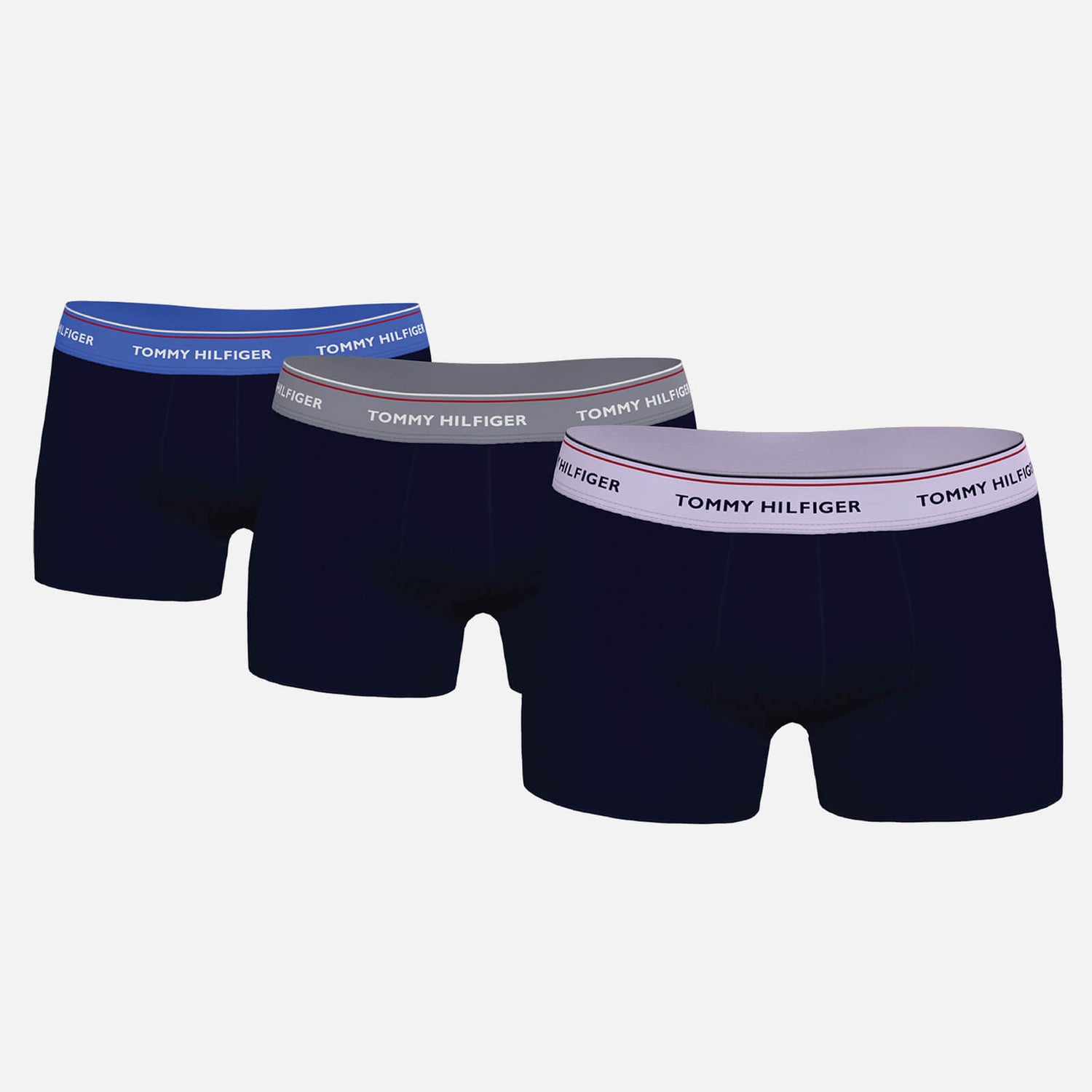 Tommy Hilfiger Men's 3 Pack Trunks with Contrast Waistband - Iris Blue/Luna Phase/Lilac Ice