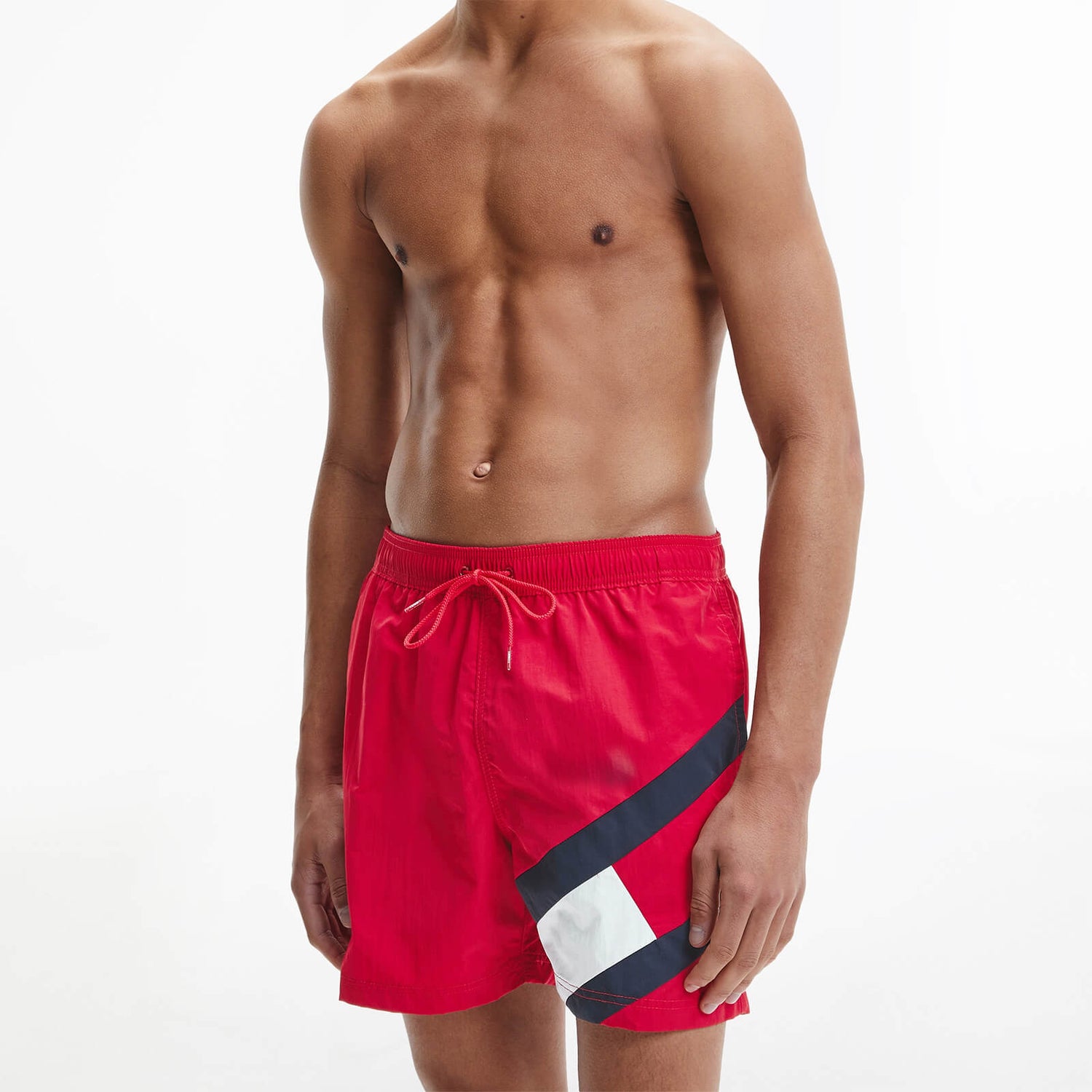 Tommy Hilfiger Men's Signature Flag Medium Length Drawstring Swimshorts - Primary Red