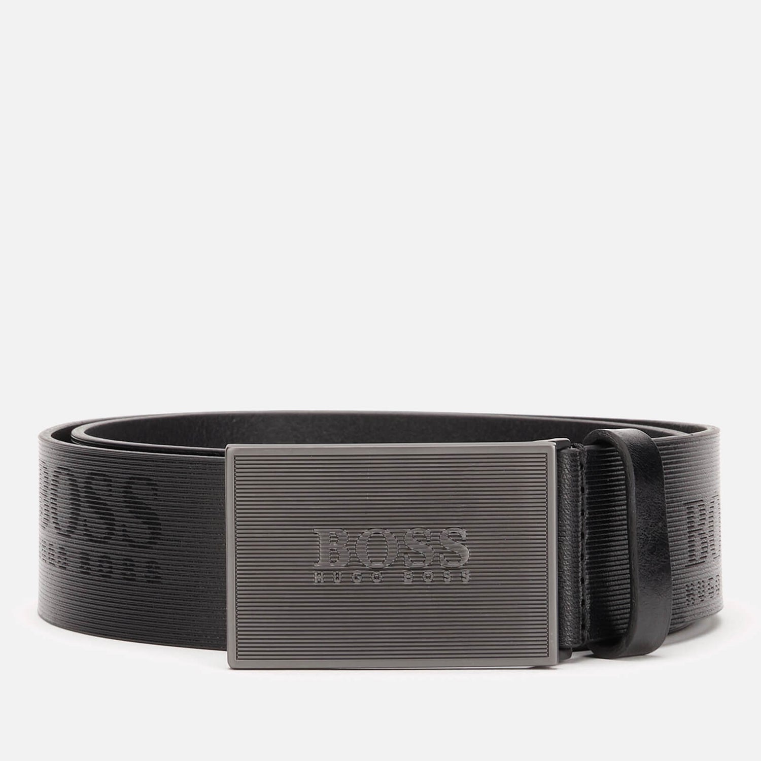 BOSS Men's Structured Leather Plate Buckle Belt - Black