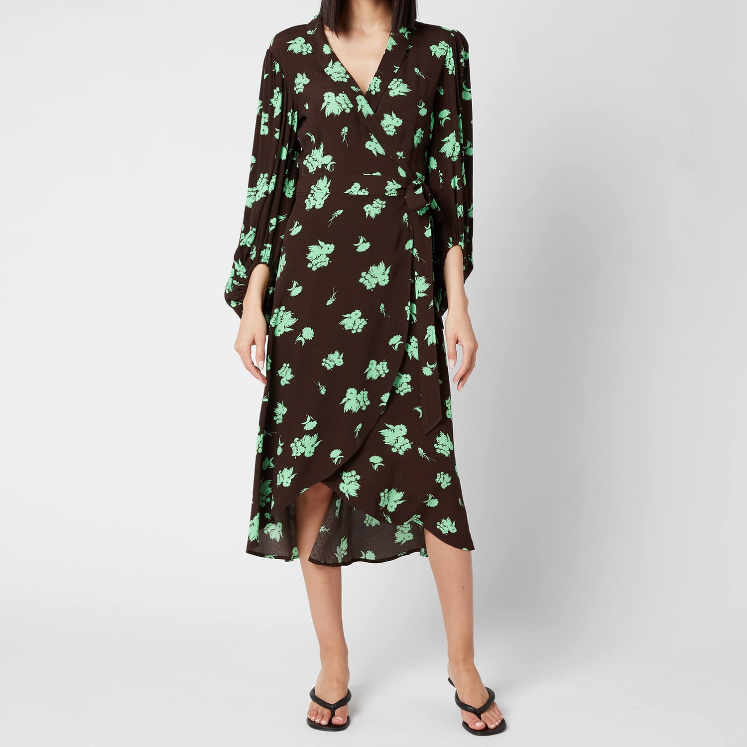 Ganni Women's Printed Crepe Wrap Dress - Mole - Free UK Delivery Available