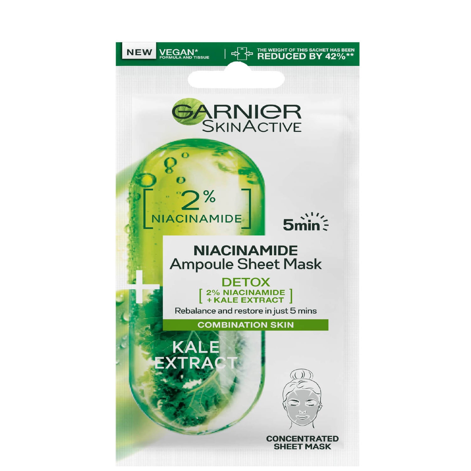 Masque en tissu ampoule Détox au chou kale et 2 % de niacinamide SkinActive Garnier 15 g